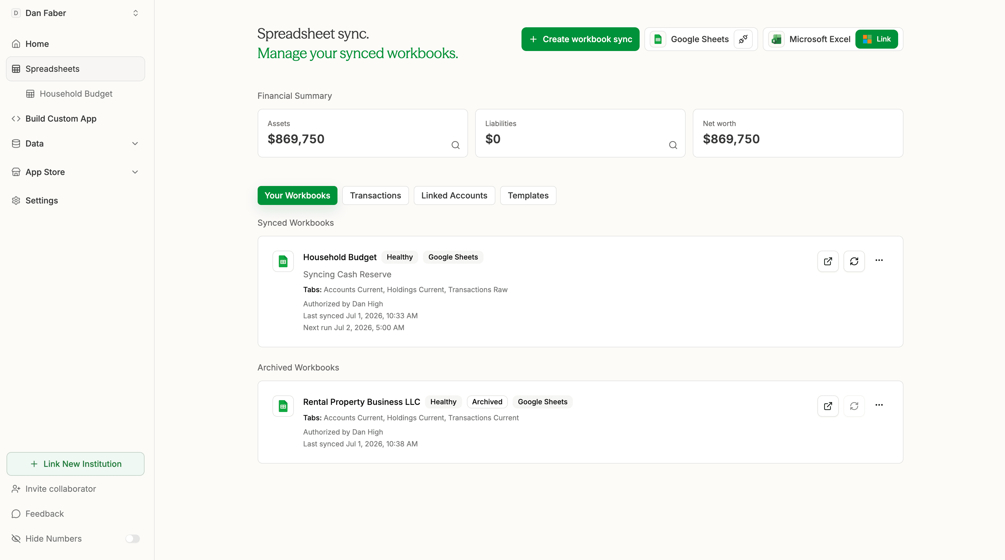Tablewealth spreadsheet sync interface showing connected Google Sheets, Microsoft Excel, and workbook templates.