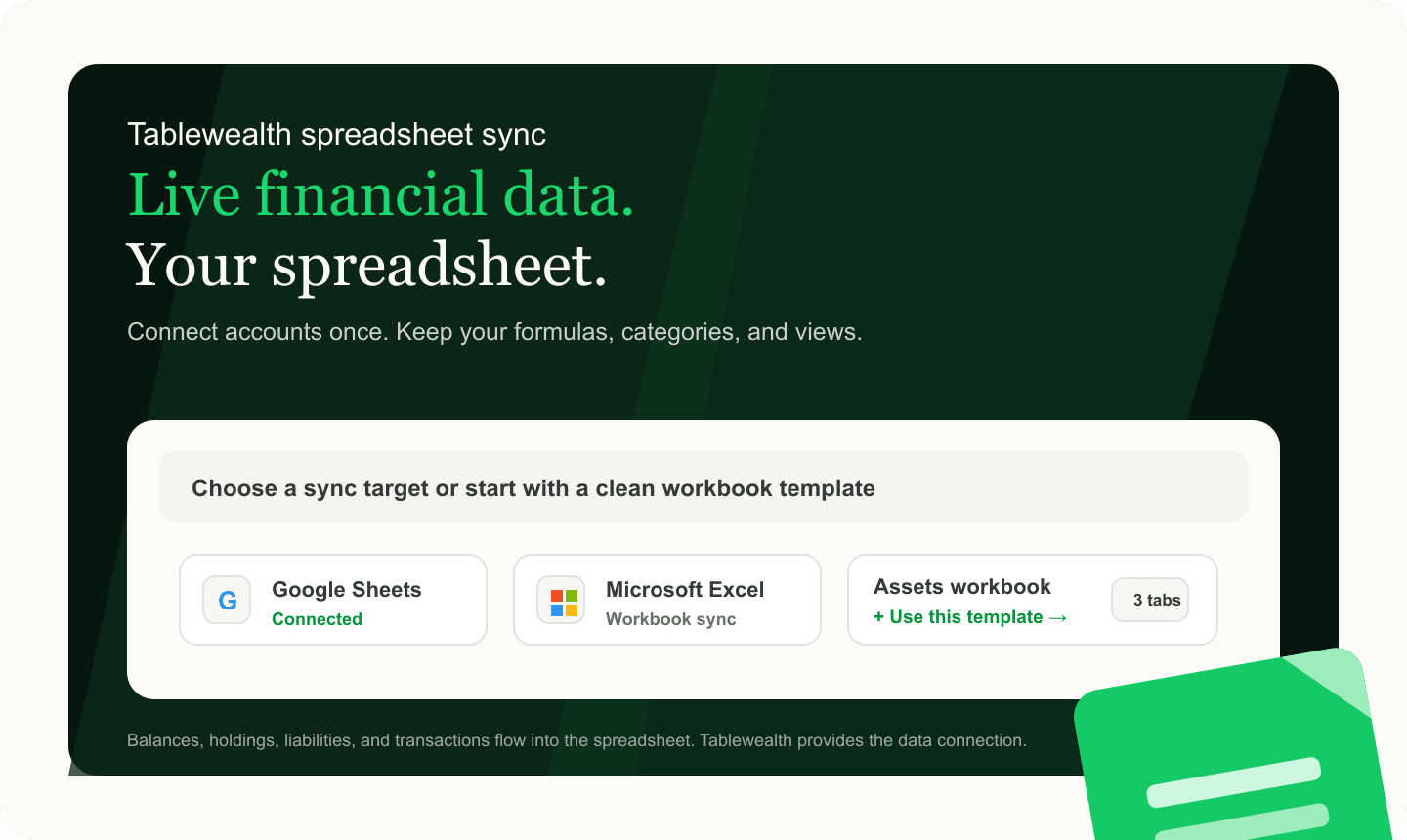 Tablewealth spreadsheet sync interface showing connected Google Sheets, Microsoft Excel, and workbook templates.