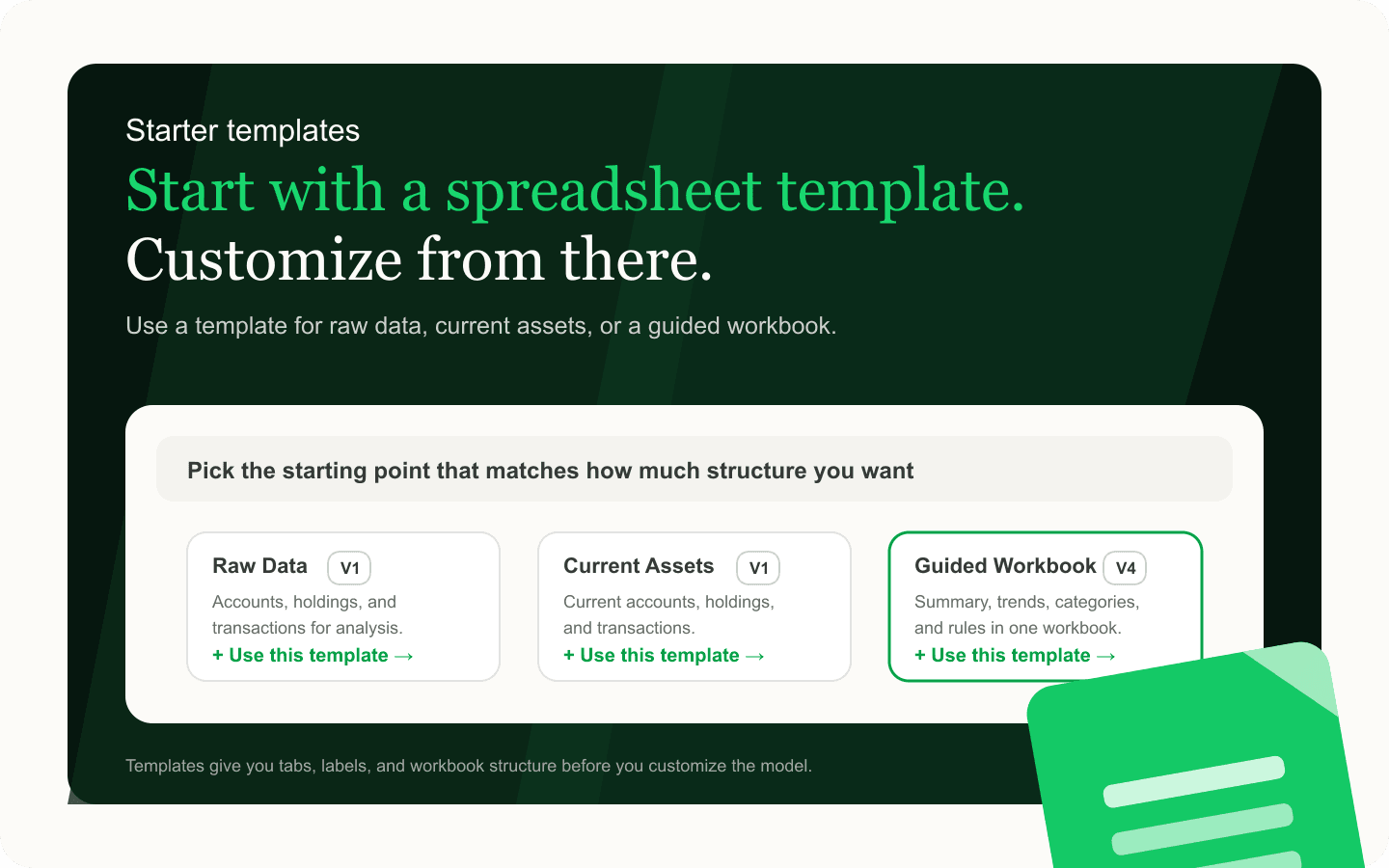 Tablewealth starter templates showing raw data, current assets, and guided workbook options.