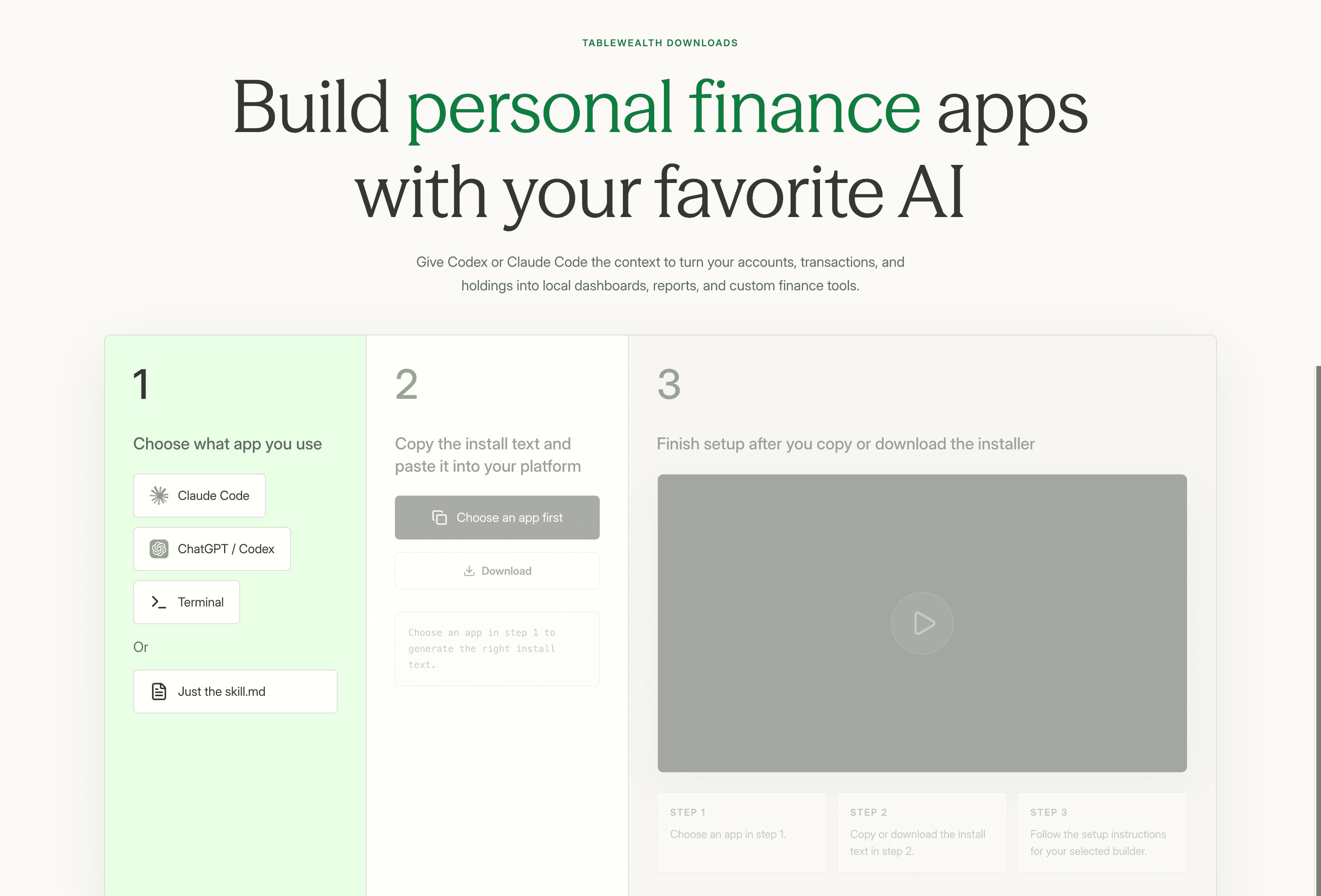 Tablewealth AI download wizard for Codex, Claude Code, Terminal, and skill setup