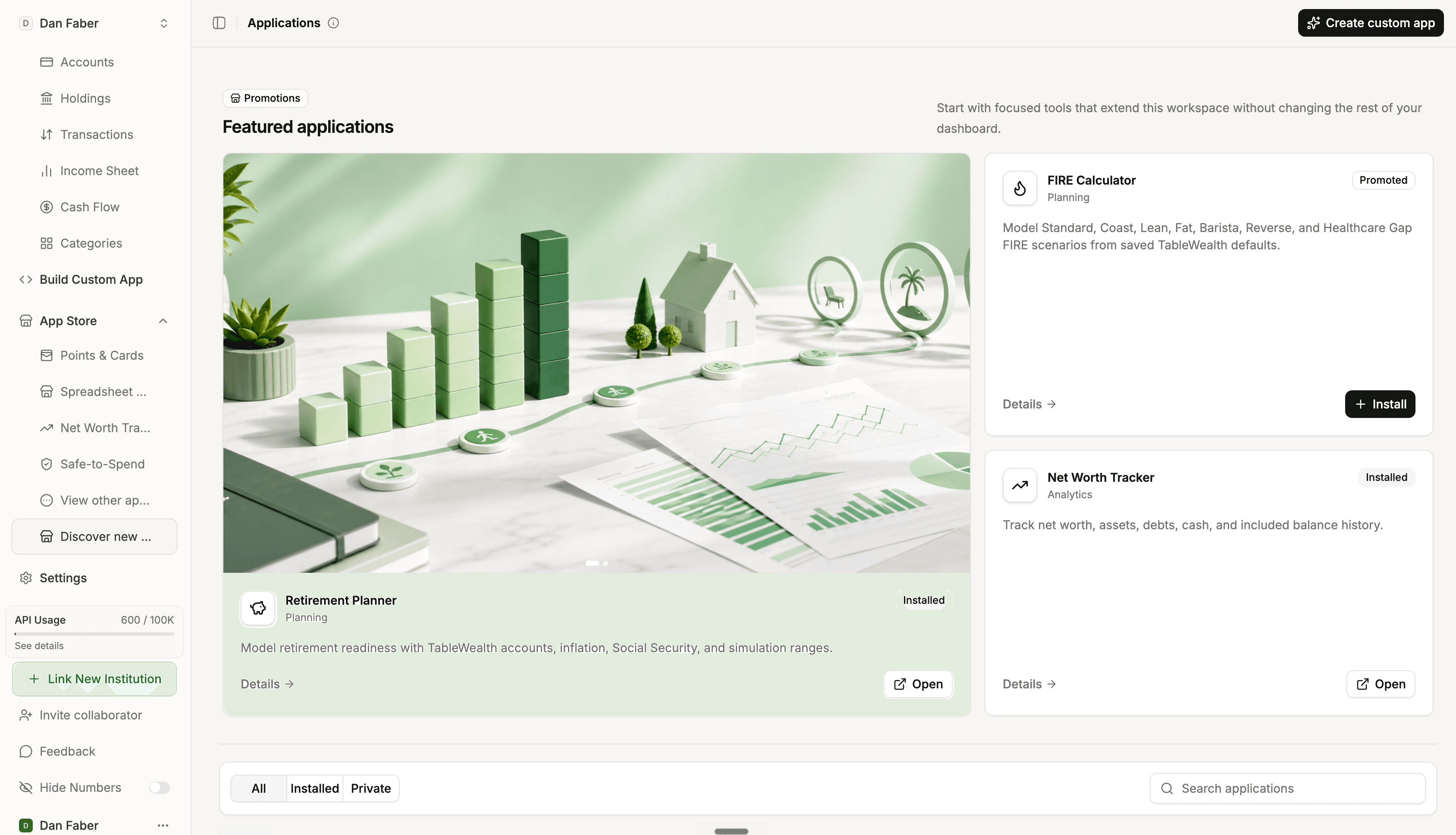 Tablewealth app store showing installable financial planning and analysis apps