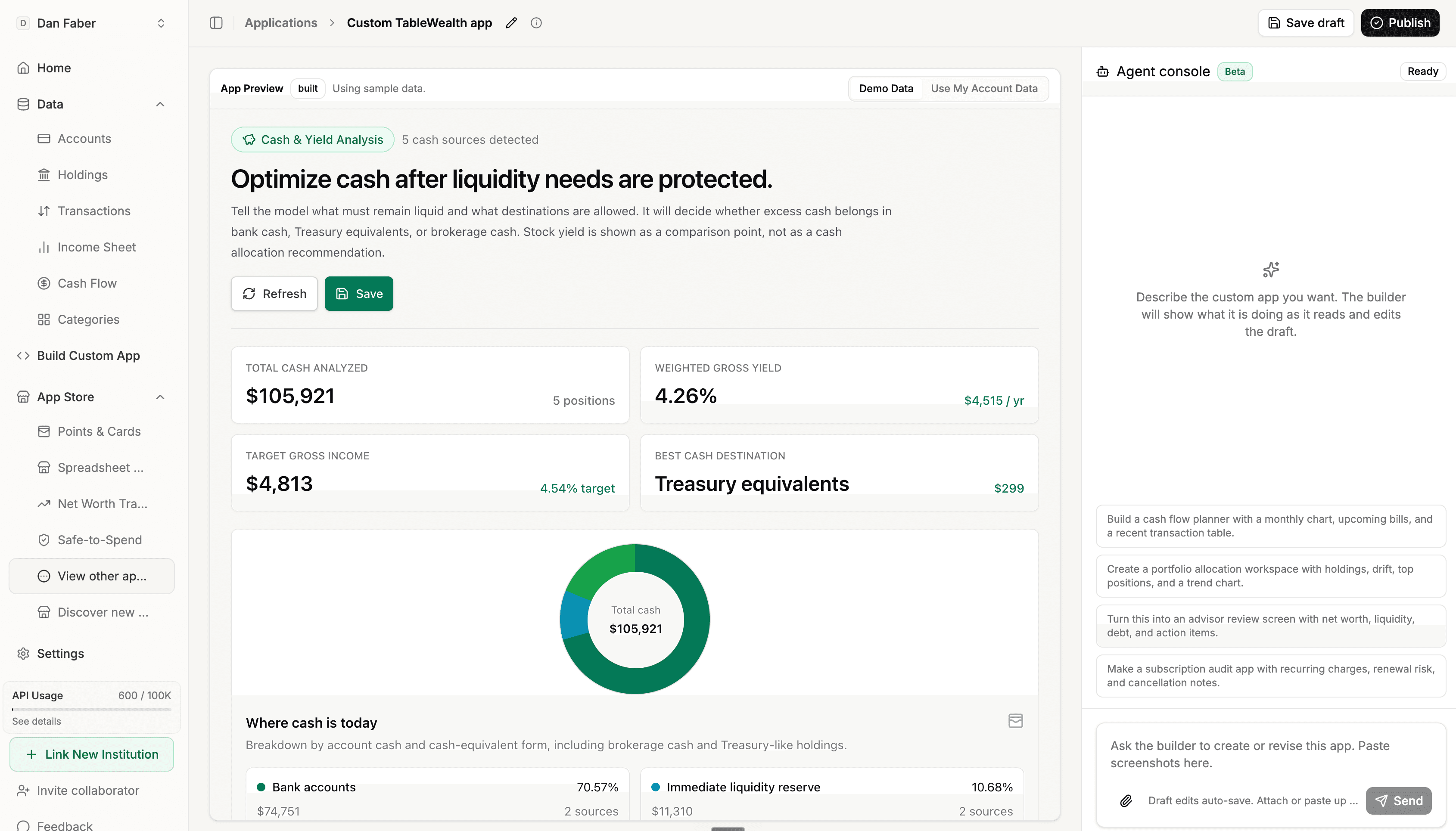 Tablewealth custom app builder showing an app preview and agent console