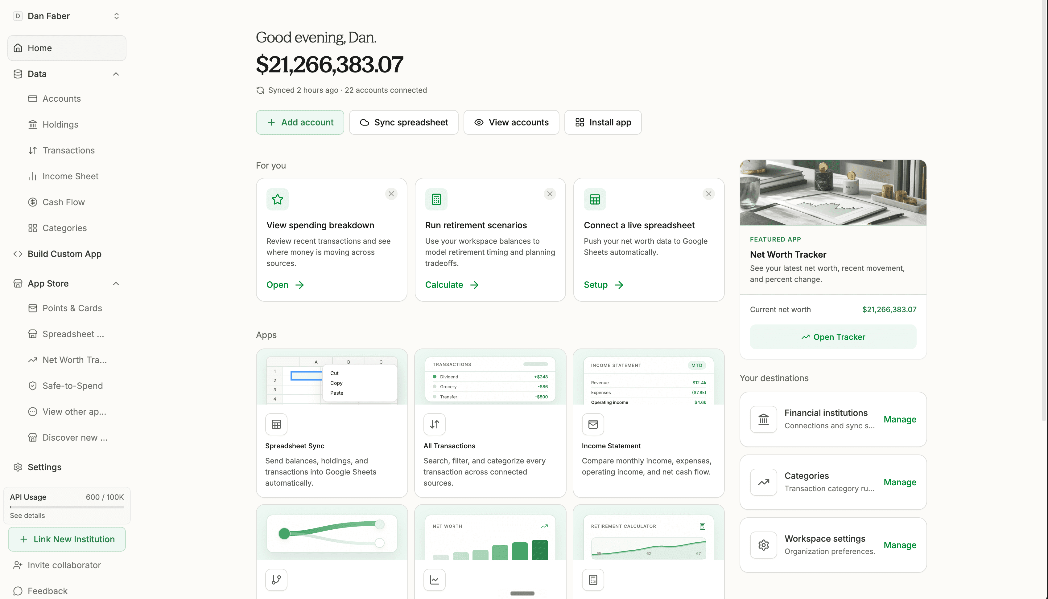 Tablewealth dashboard showing connected financial accounts, balances, apps, and spreadsheet destinations
