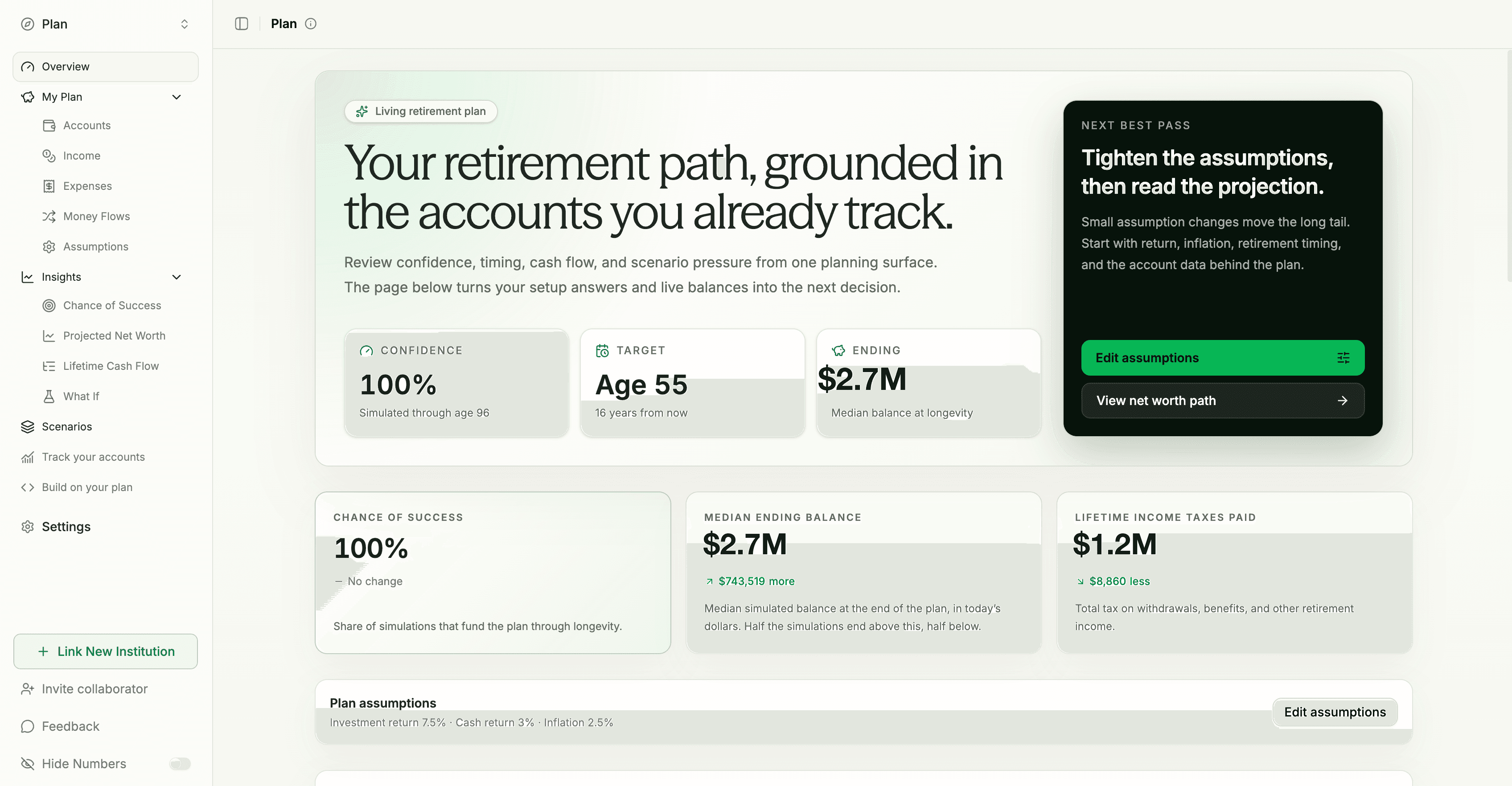 Tablewealth Plan overview showing retirement confidence, target retirement age, projected ending balance, taxes, and next best pass