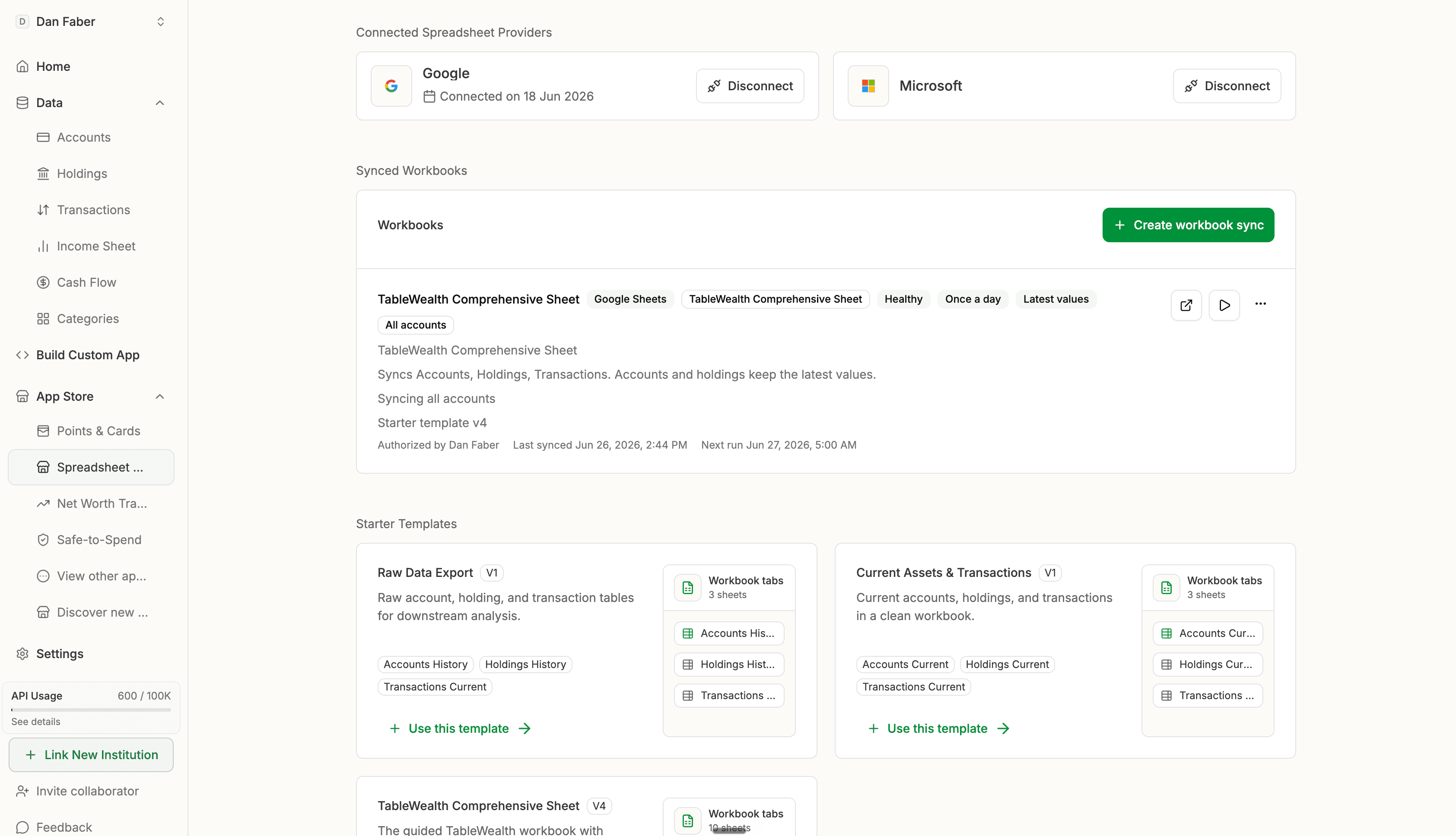 Tablewealth spreadsheet sync page with Google and Microsoft providers and synced workbooks