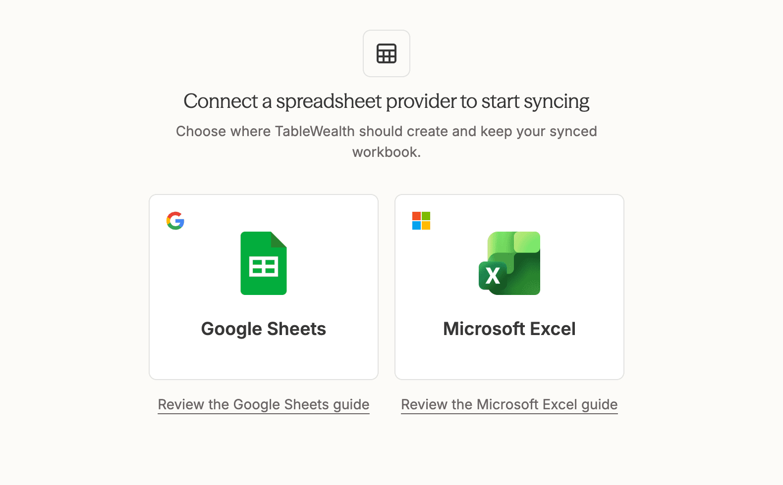 Tablewealth spreadsheet provider selection cards for Google Sheets and Microsoft Excel