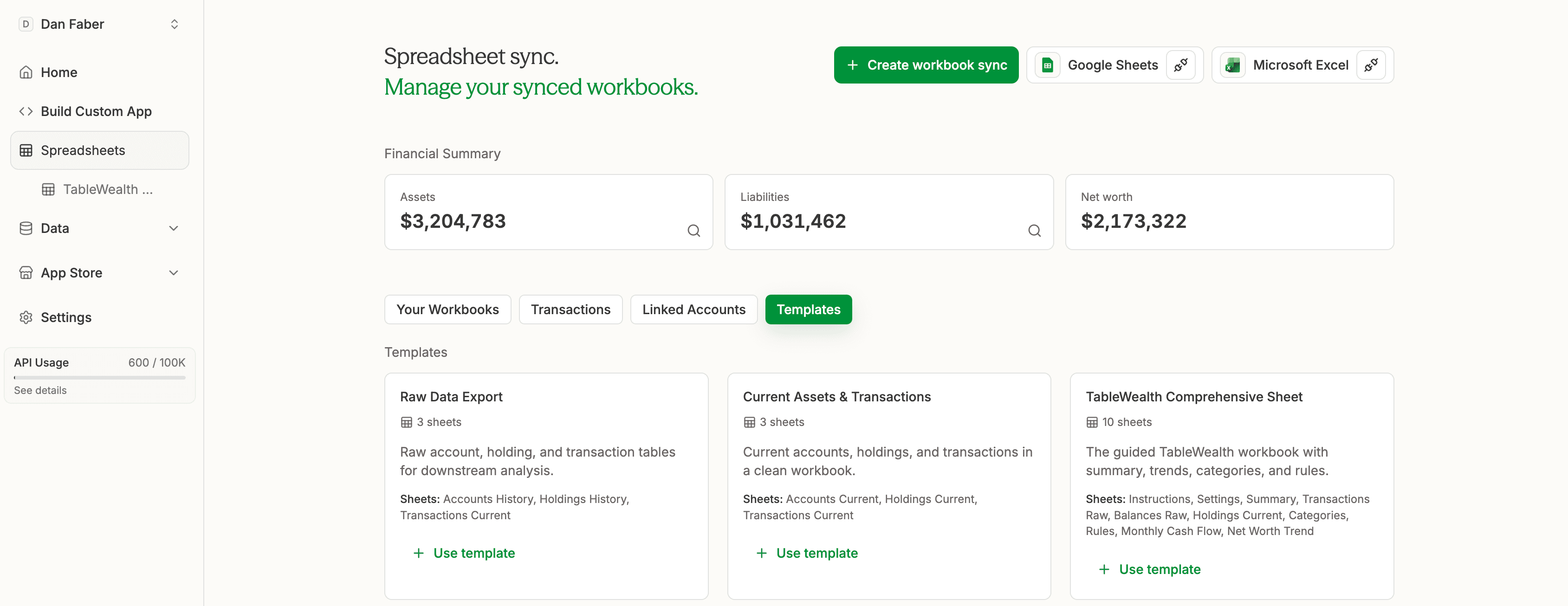 Tablewealth spreadsheet sync templates screen showing raw data export, current assets and transactions, and comprehensive workbook templates