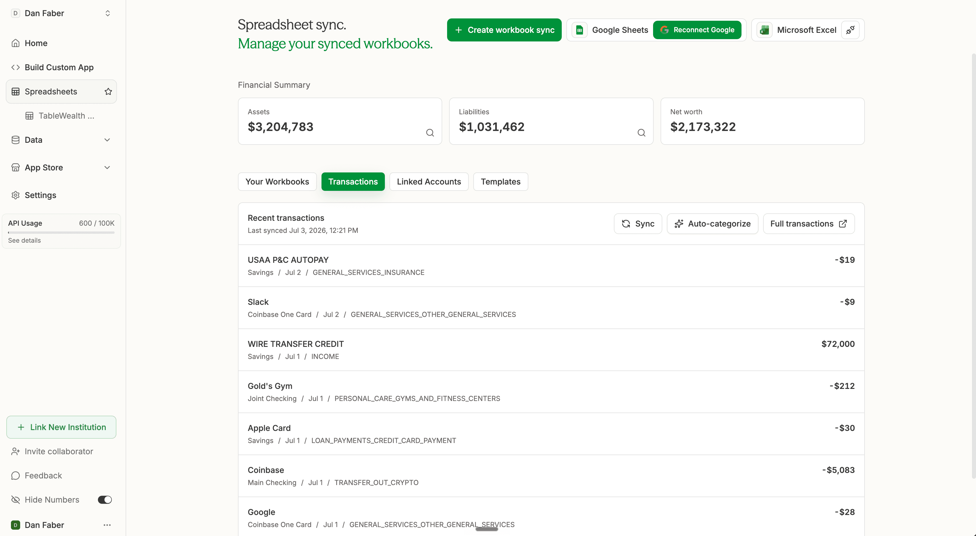 Tablewealth spreadsheet sync transactions screen with sync and auto-categorize actions